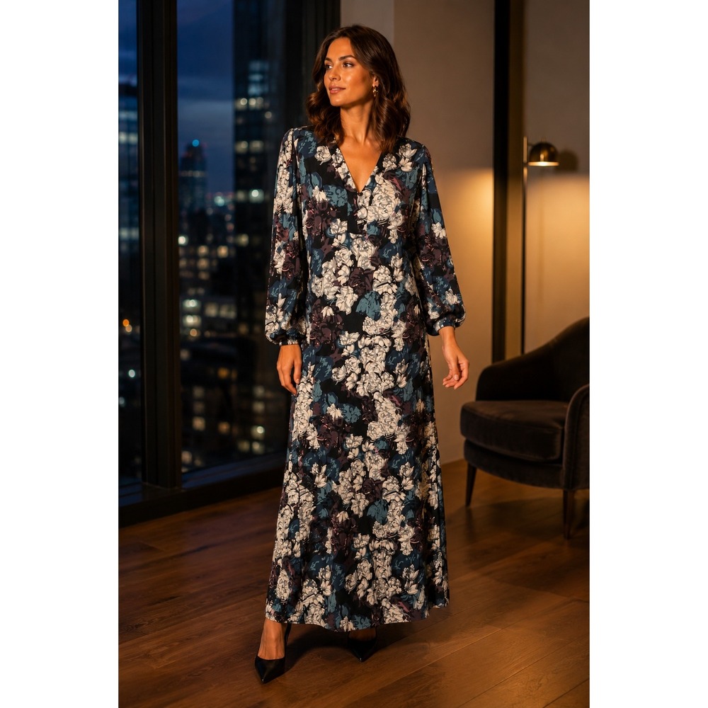 Walter Baker Floral Maxi Dress Black Blue Puff Sleeve V Neck Womens Medium NWT